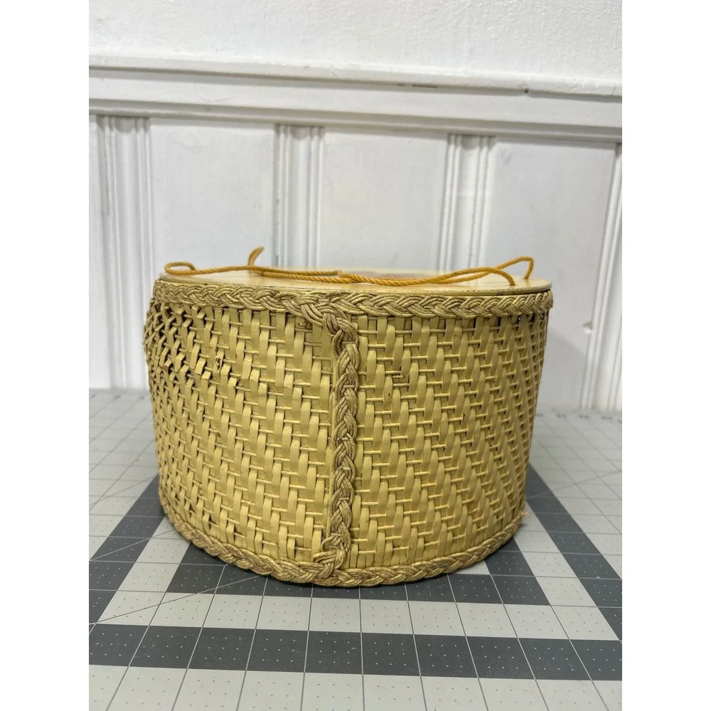 Vintage Princess Sewing Basket Yellow Wicker Round Lid Handle Floral 1940s